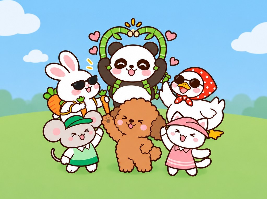 파란 하늘 아래 풀밭에서 팡댕이, 토꼬미, 오덕희 여사님, 찍이, 뽀식이, 냥이가 모여 손을 흔드는 그림